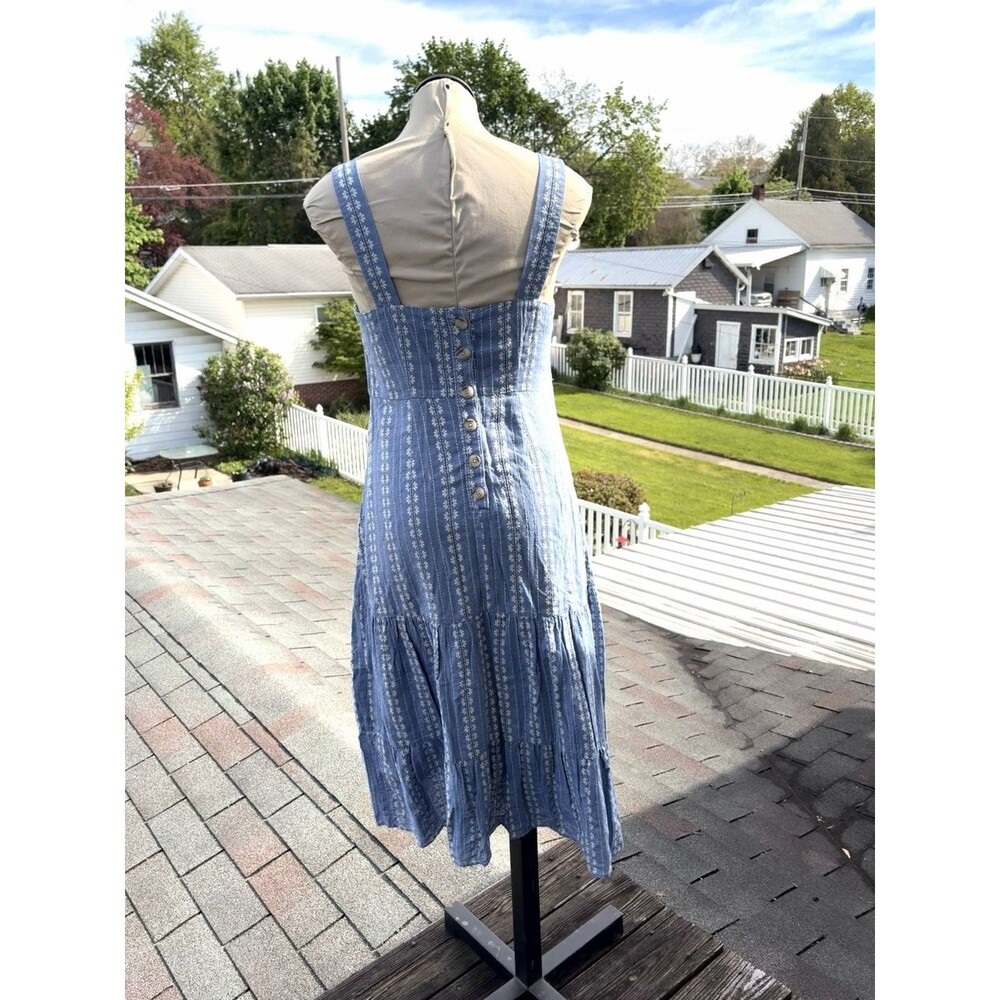 Madewell Blue Embroidered Floral Button Back Tiered Boho Midi Sun Dress Sz 4 - Picture 4 of 5